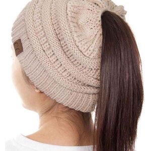 C.C Cable Knit Ponytail Beanie - Tan
